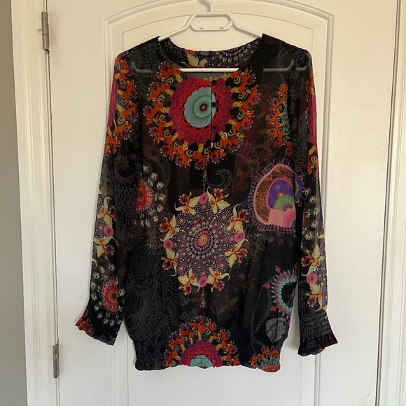 Sheer Desigual blouse - black with colorful pattern - Picture 1 of 6